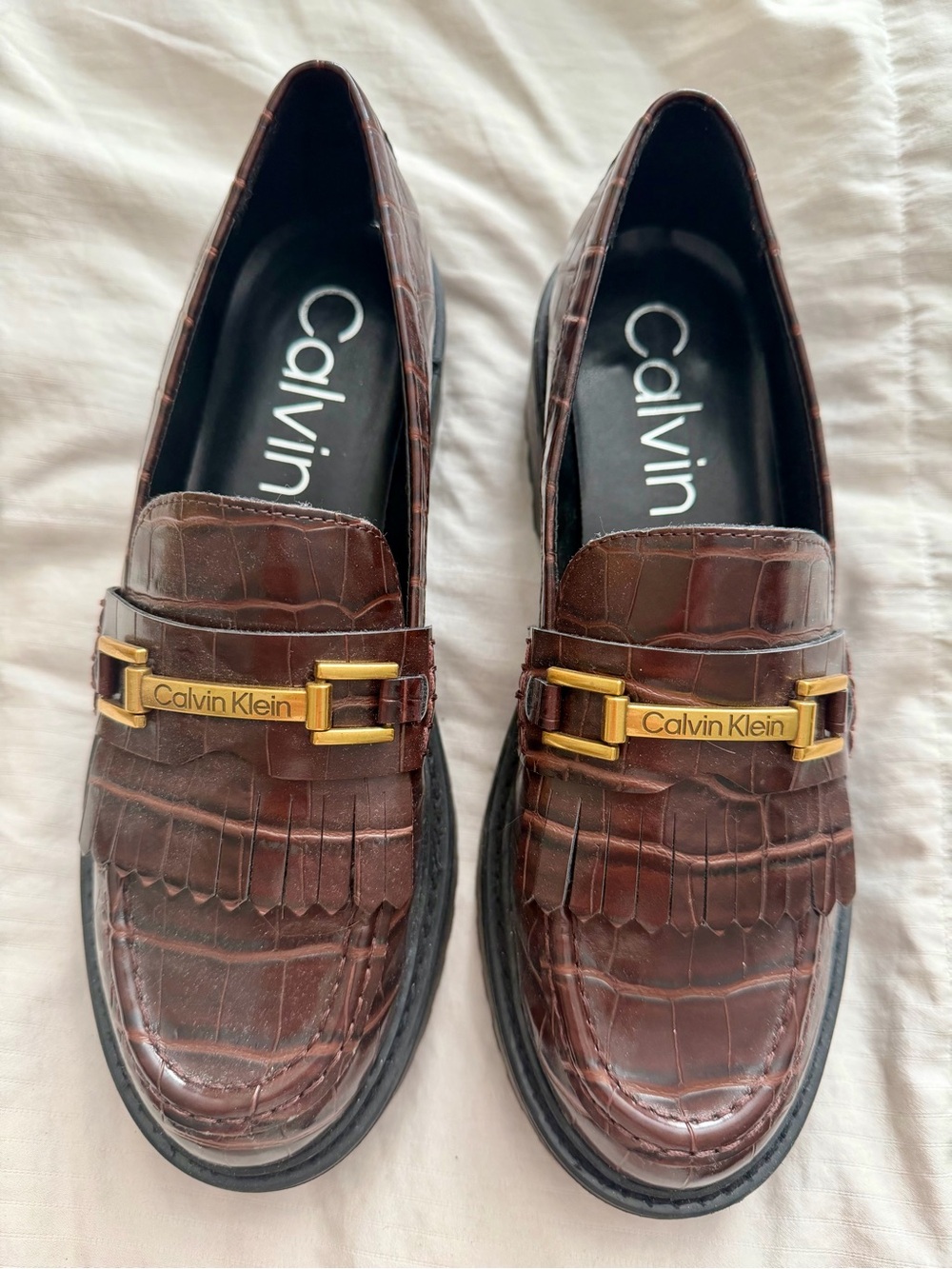 Calvin Klein Brown women’s Croc-Embossed Leather Loafers with Gold Buckle, New - Picture 2 of 6